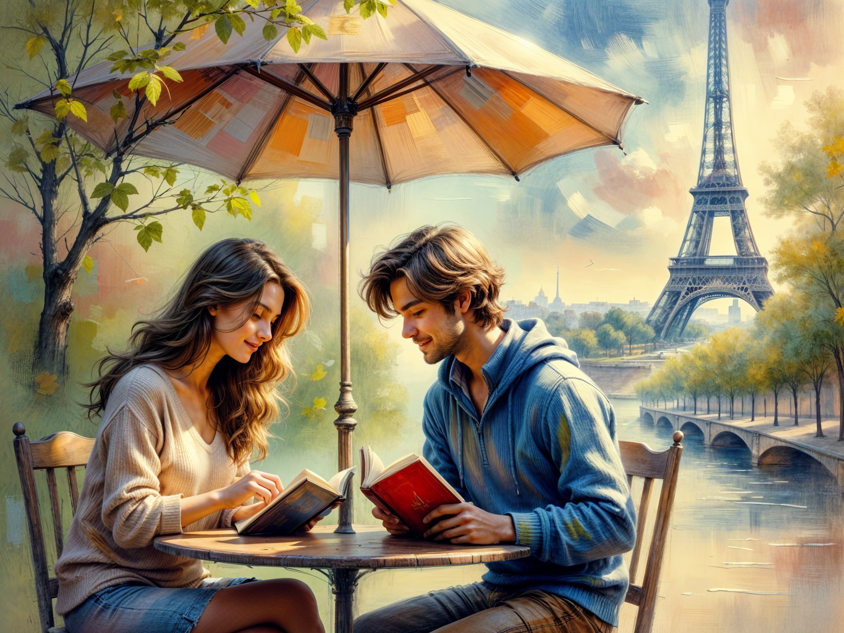 Couple Reading at Café with Eiffel Tower View
