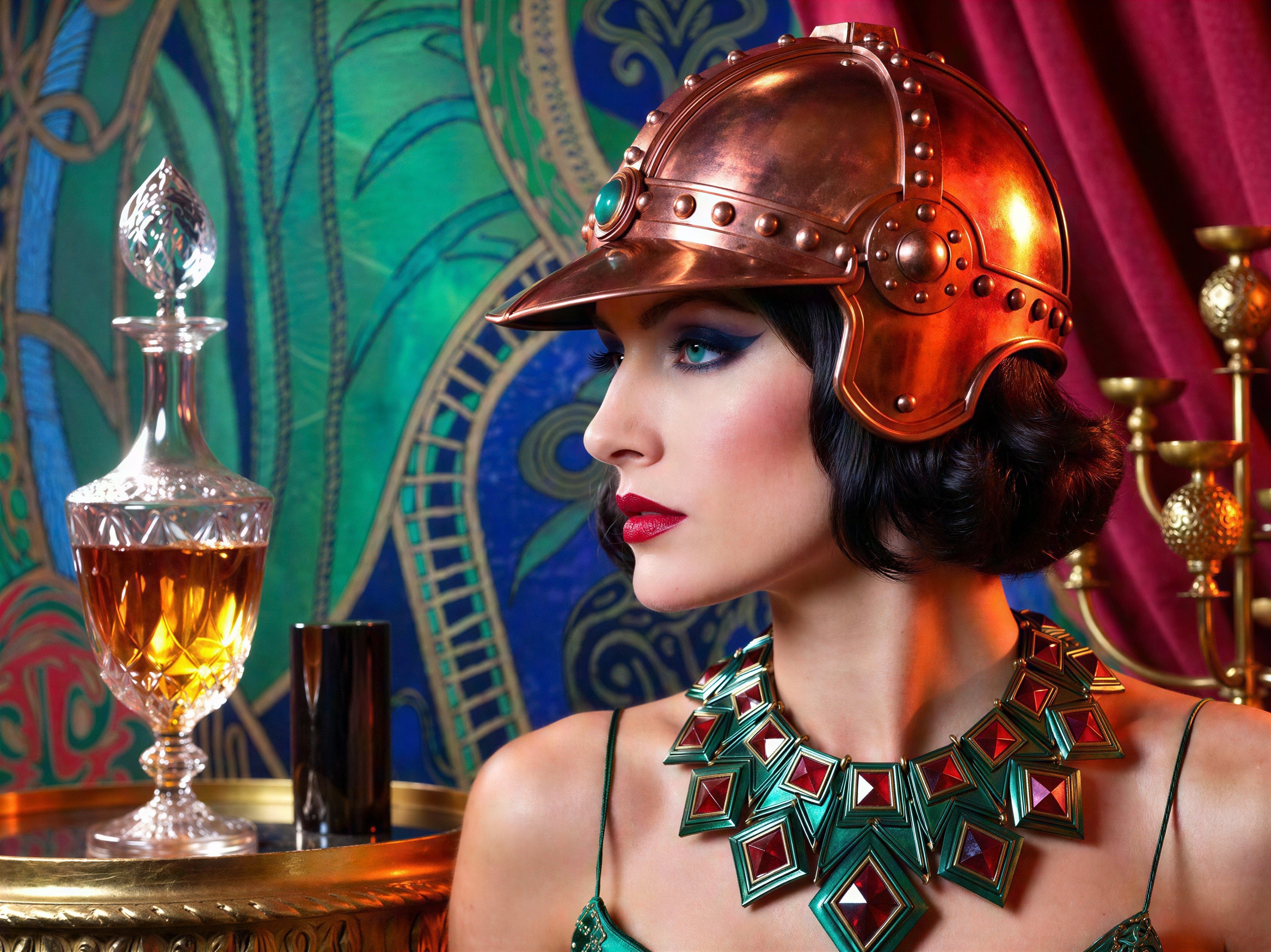 Woman in Bronze Helmet with Colorful Background