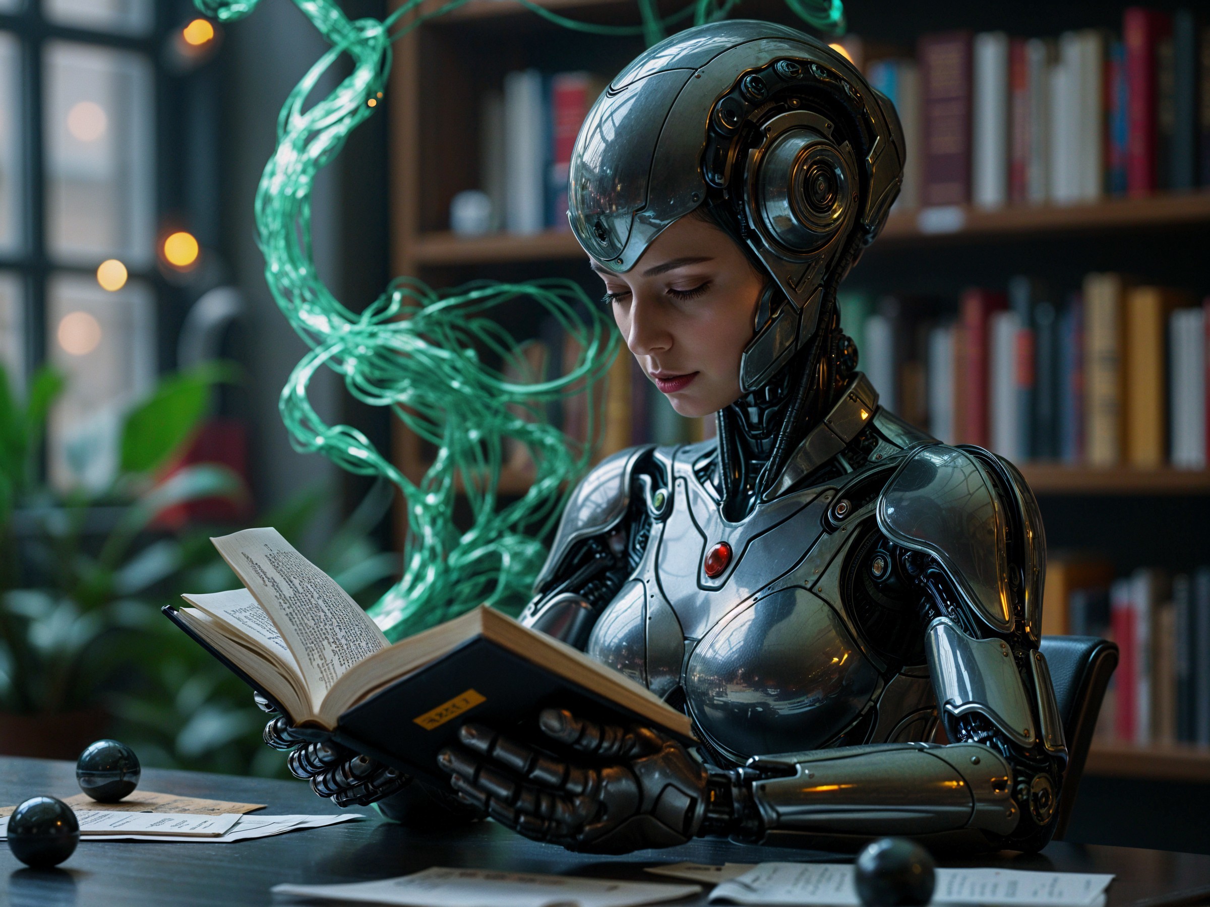 Futuristic Robot Reading in a Cozy Library Setting
