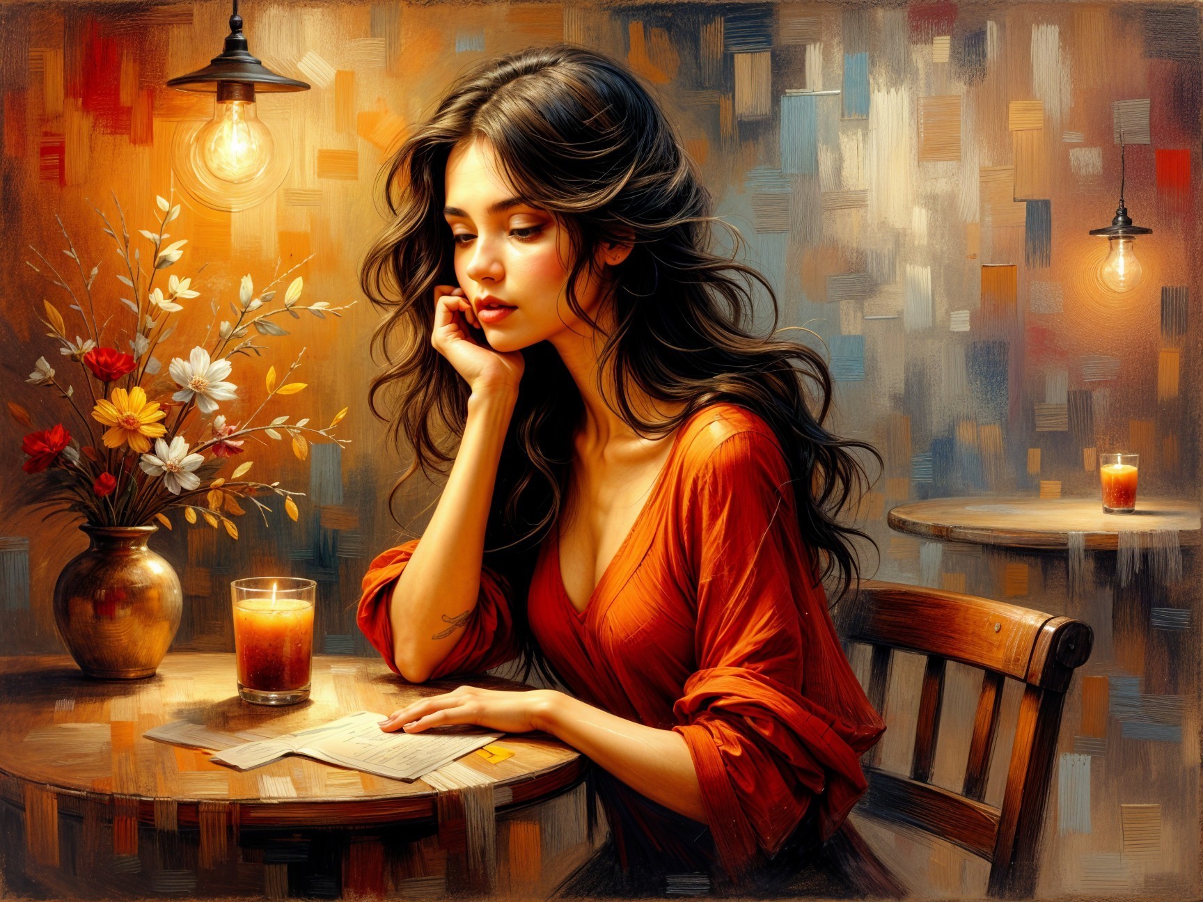 Young Woman in Cozy Café with Flowers and Candle