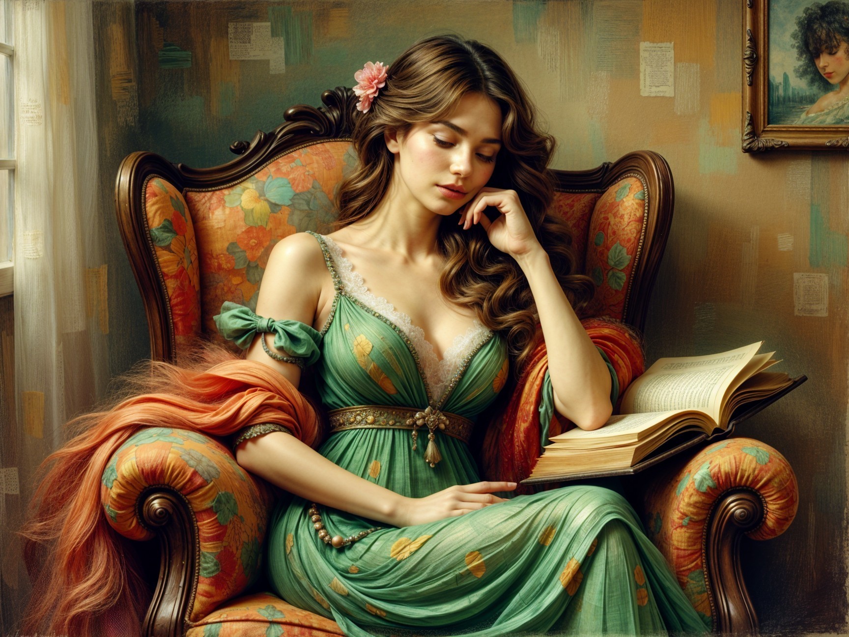 Serene Woman in Floral Armchair Reading a Book