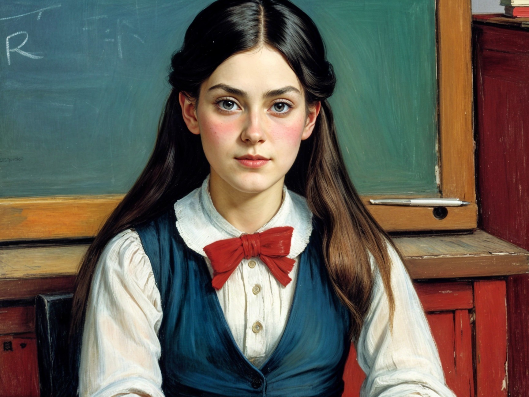 Young girl in classroom with vintage decor and attire