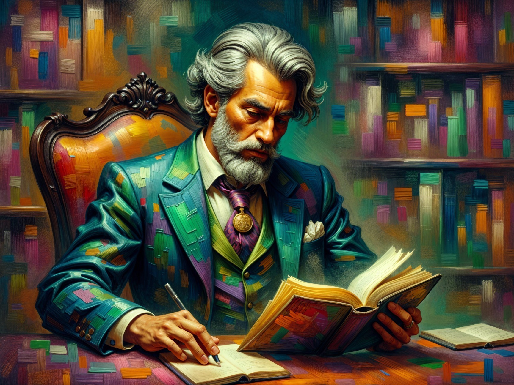 Gentleman in Vibrant Suit Reading in Ornate Armchair