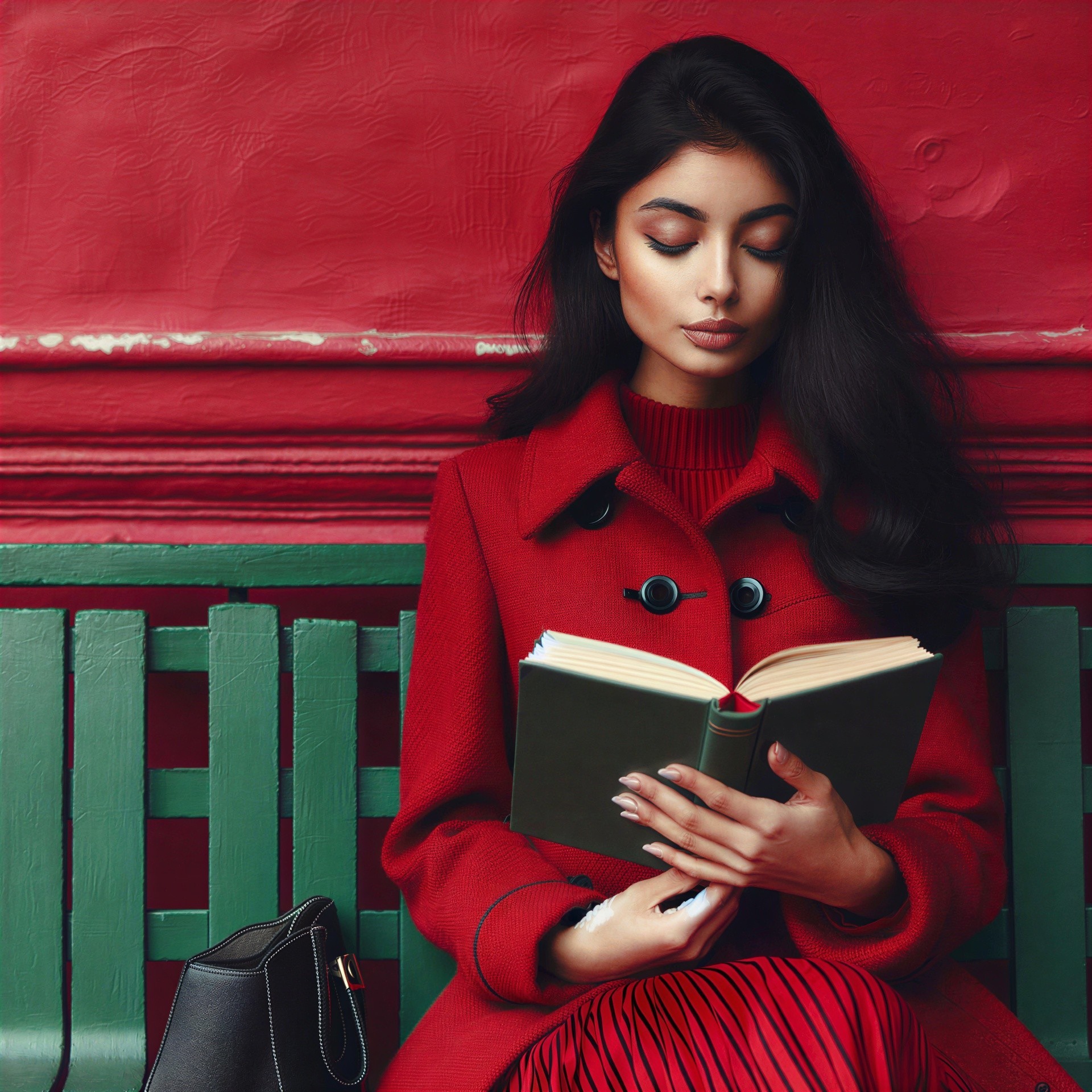 Woman Reading on a Teal Bench with Colorful Background