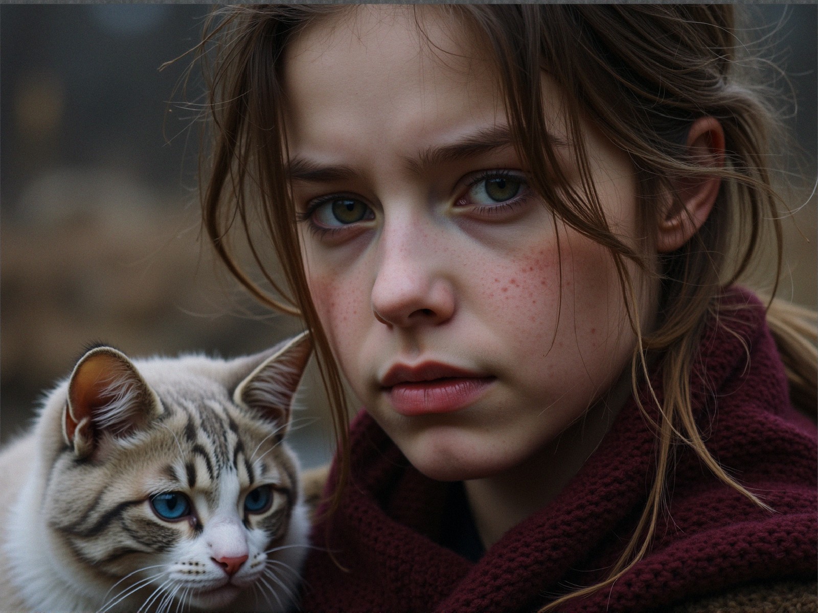 Young girl with green eyes and fluffy white cat
