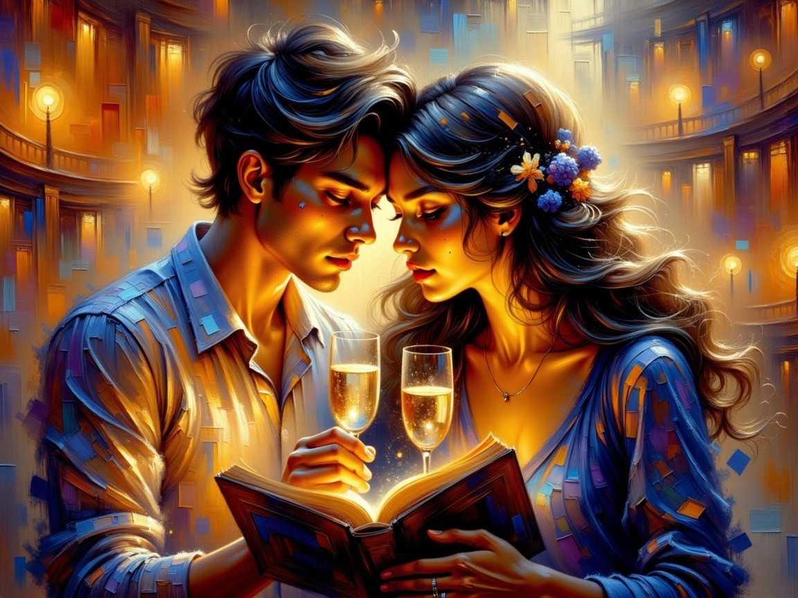 Romantic Couple in Elegant Venue with Champagne and Book