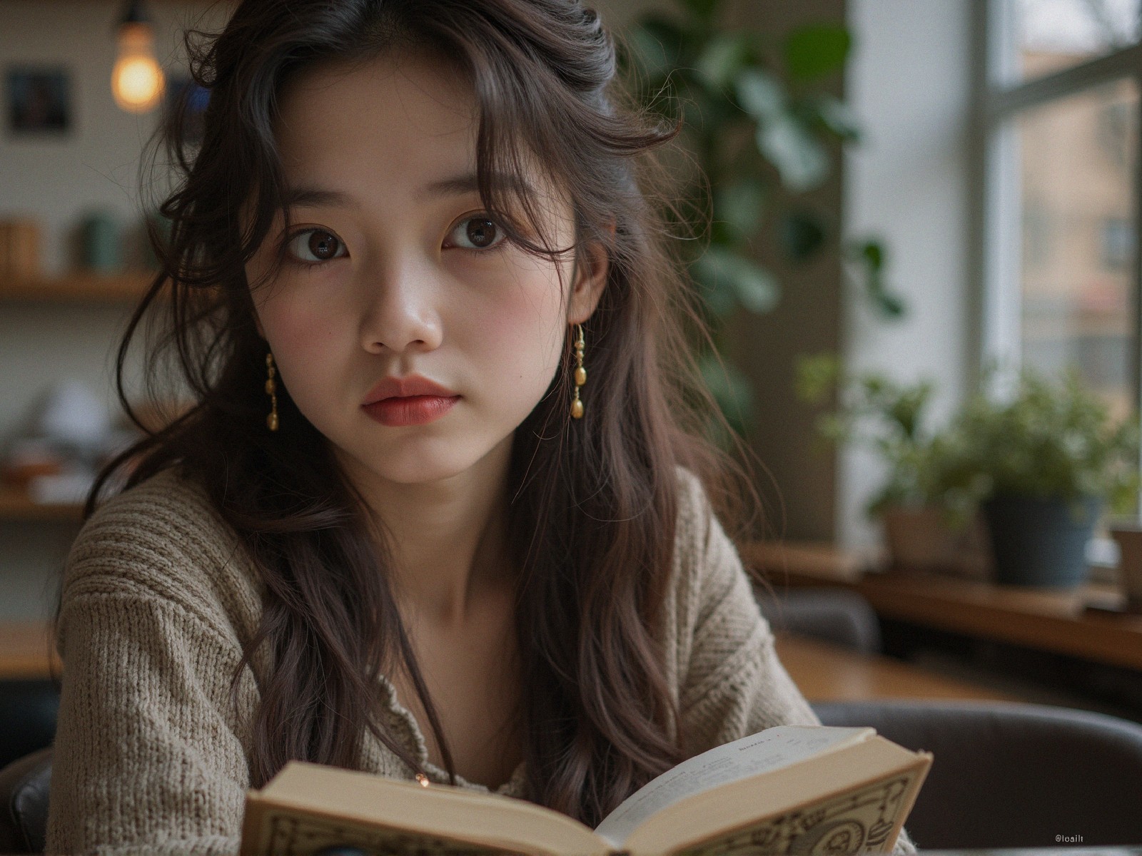 Young woman reading in a cozy café setting