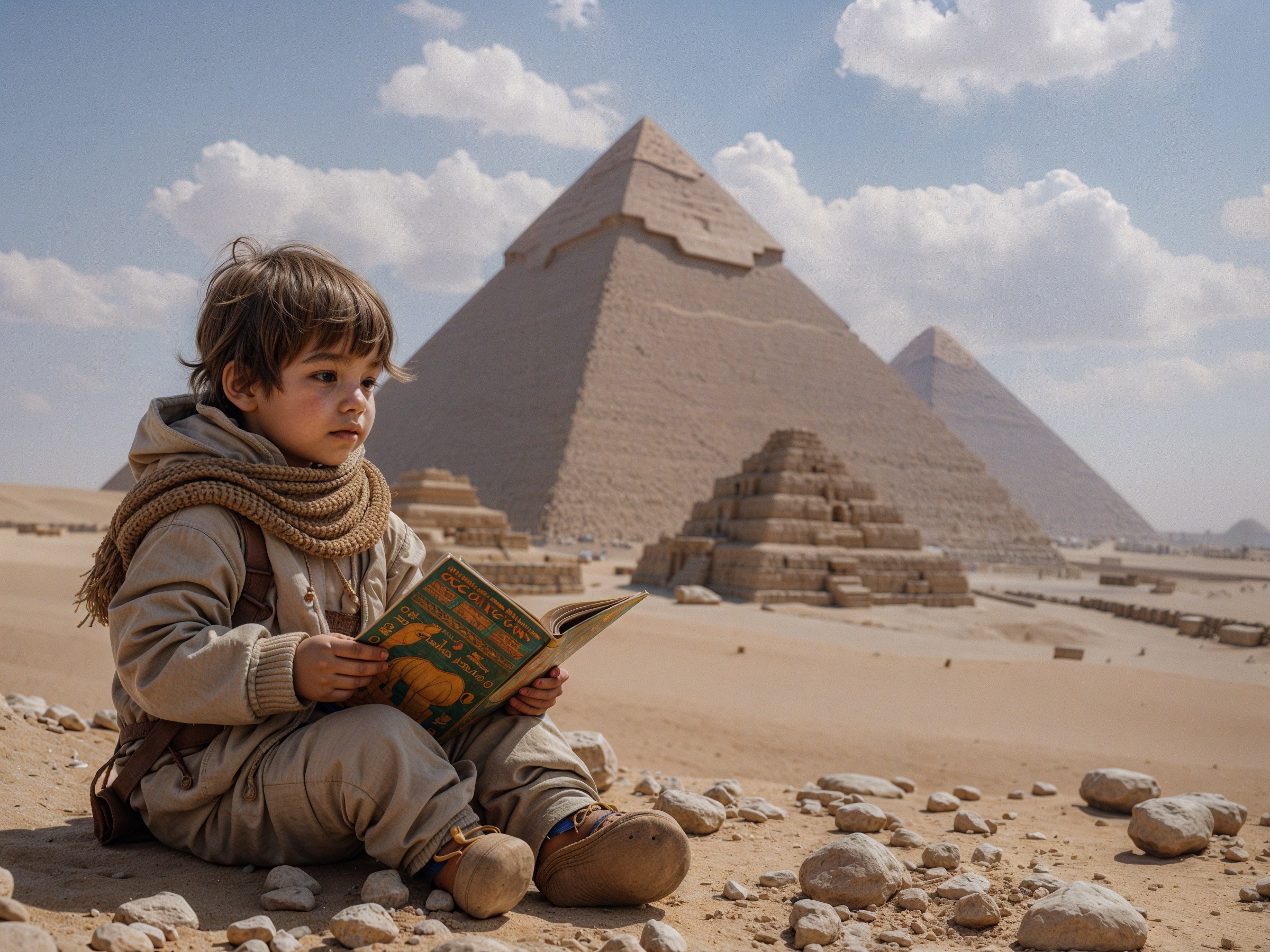 Child Reading in Front of Egyptian Pyramids