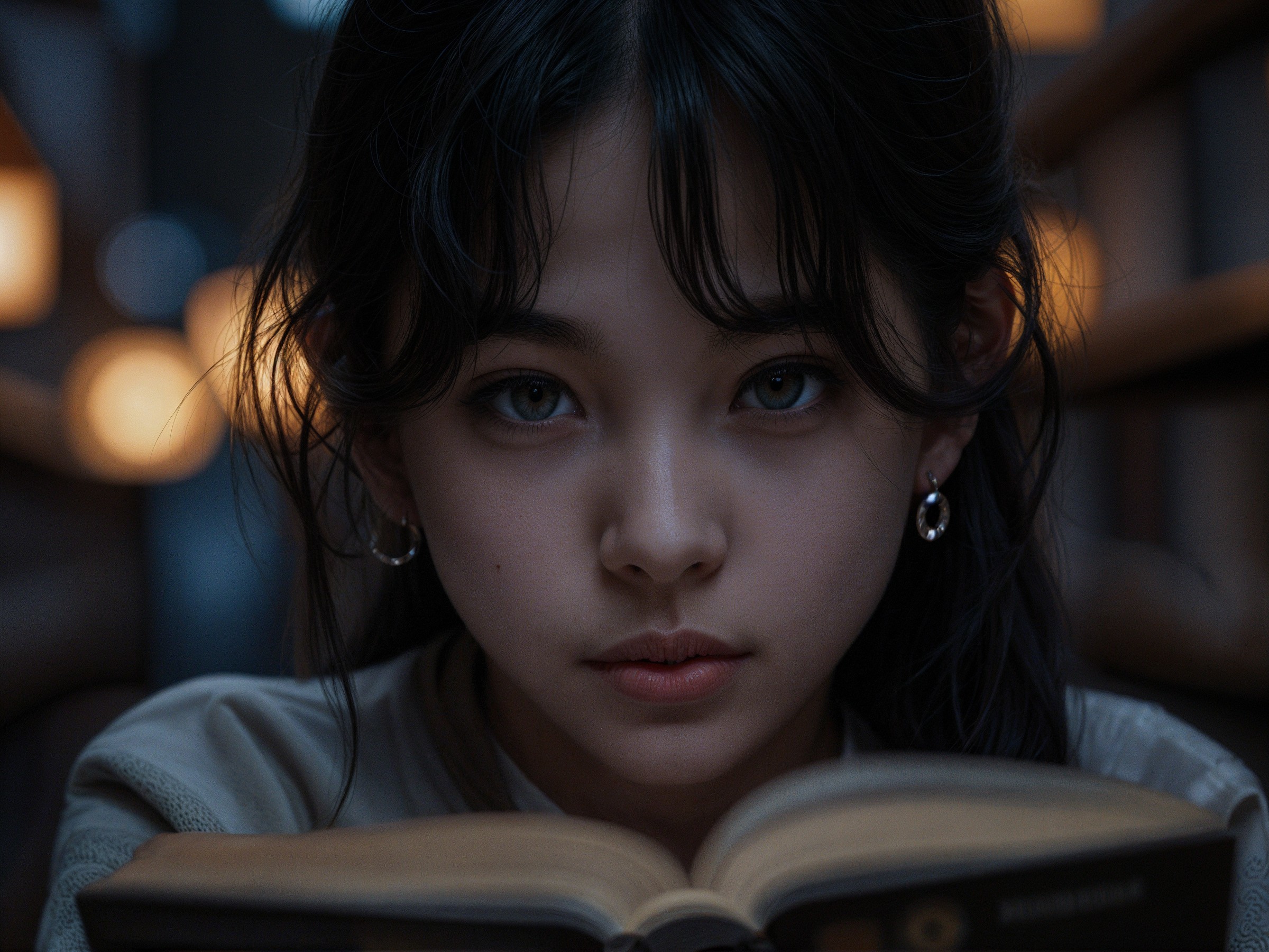 Young girl with dark hair and blue eyes reading a book