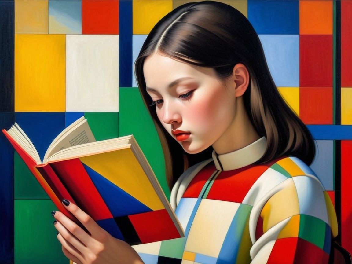 Young woman reading in a colorful, geometric setting