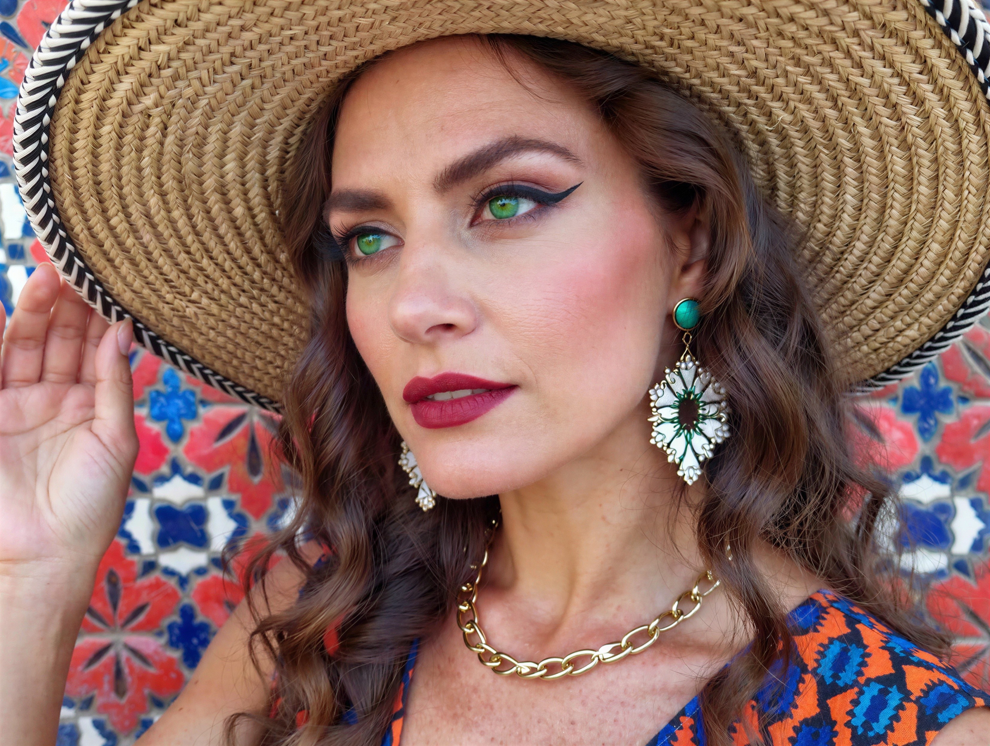 Close-up of a woman in a straw hat with earrings