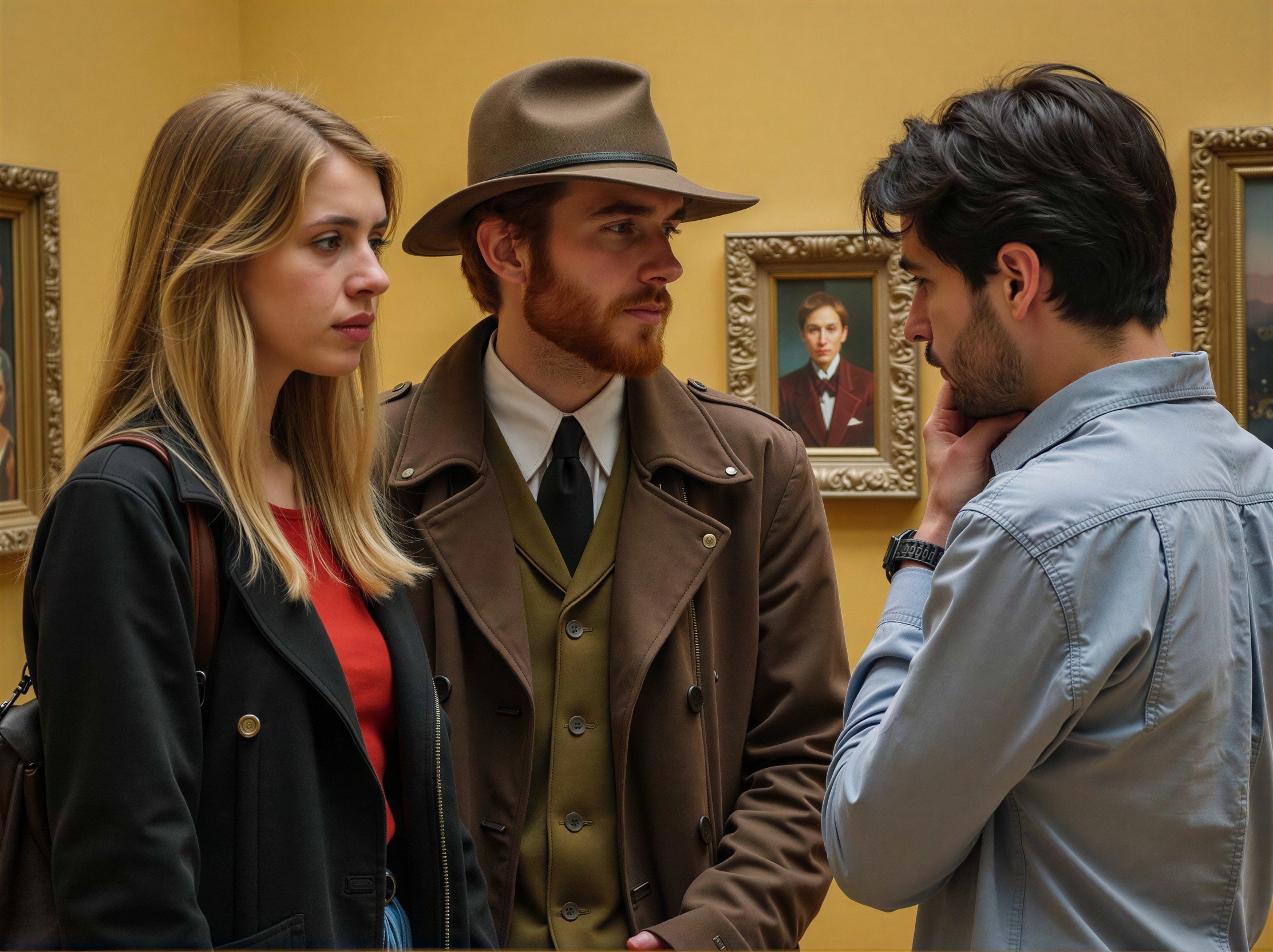 Young Adults in Art Gallery with Yellow Wall Background