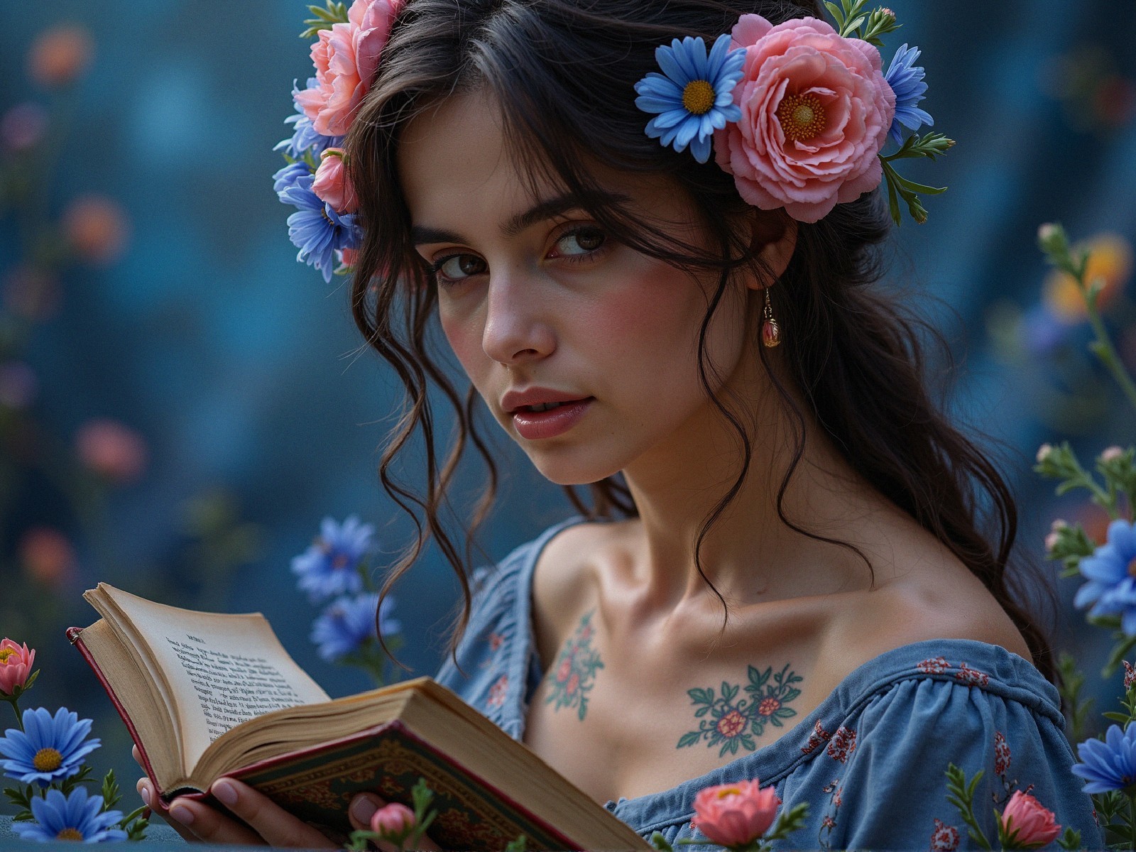 Serene Woman with Floral Accents and Open Book