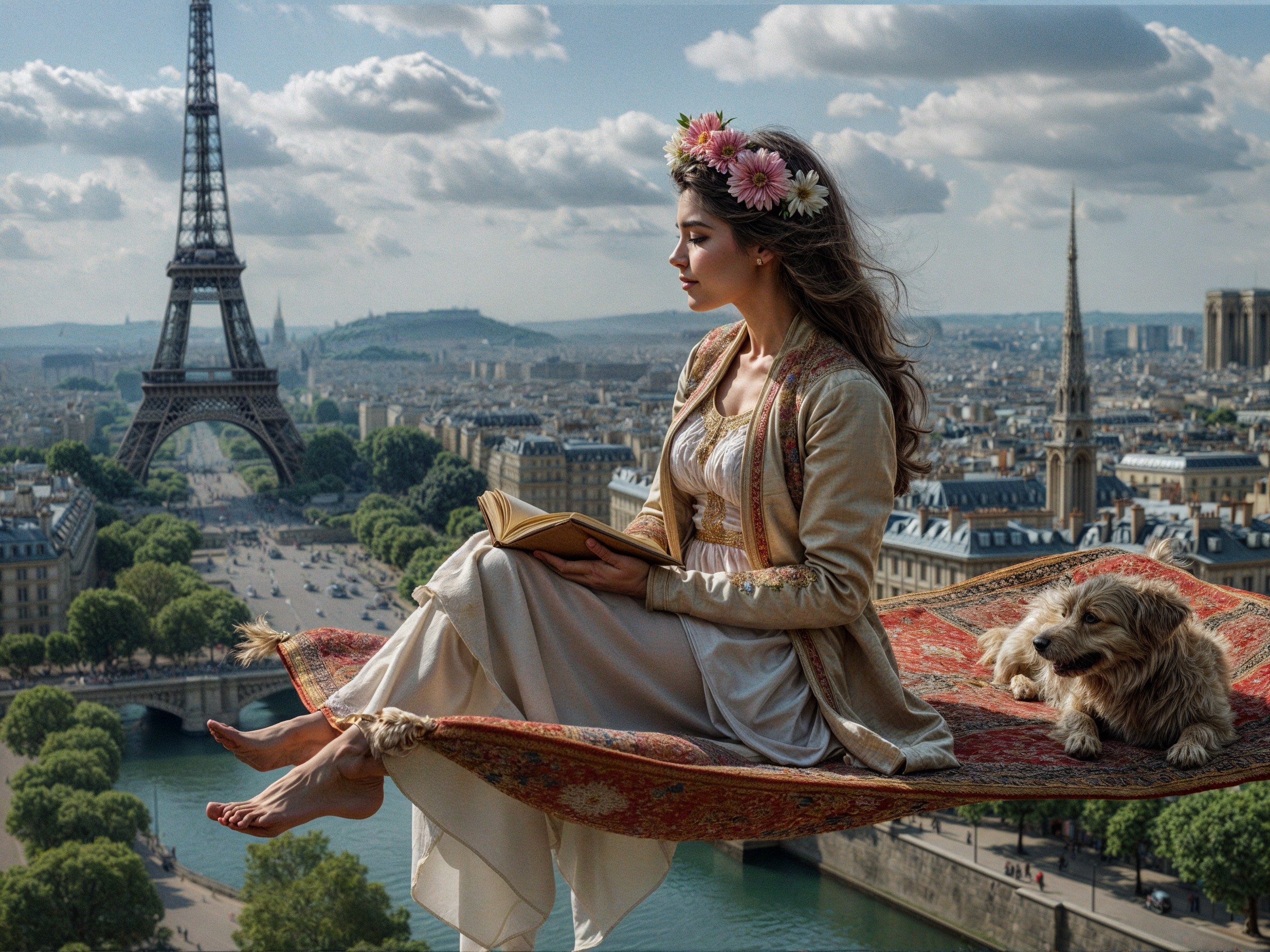 Serene Woman on Flying Carpet Over Paris Landscape