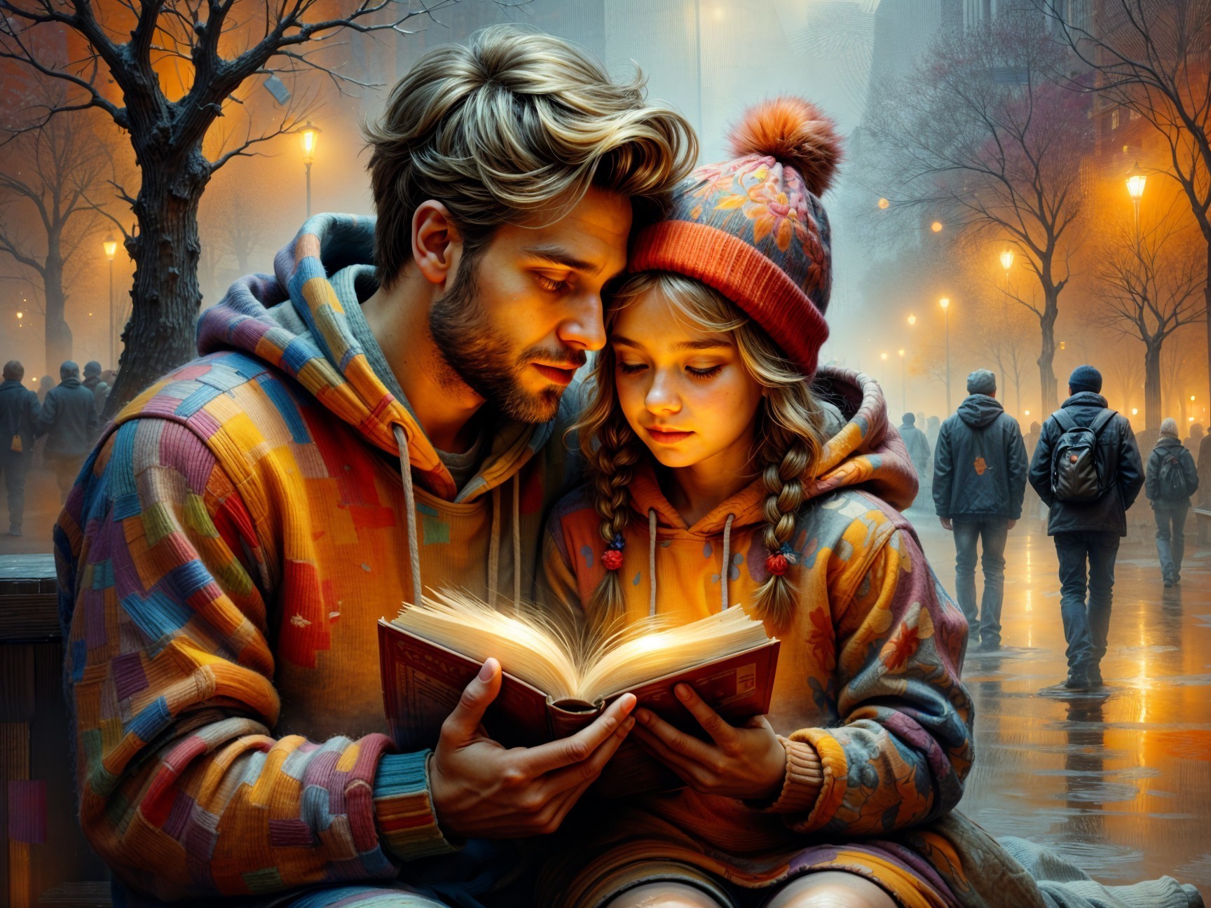 Man and girl reading on a bench in urban setting