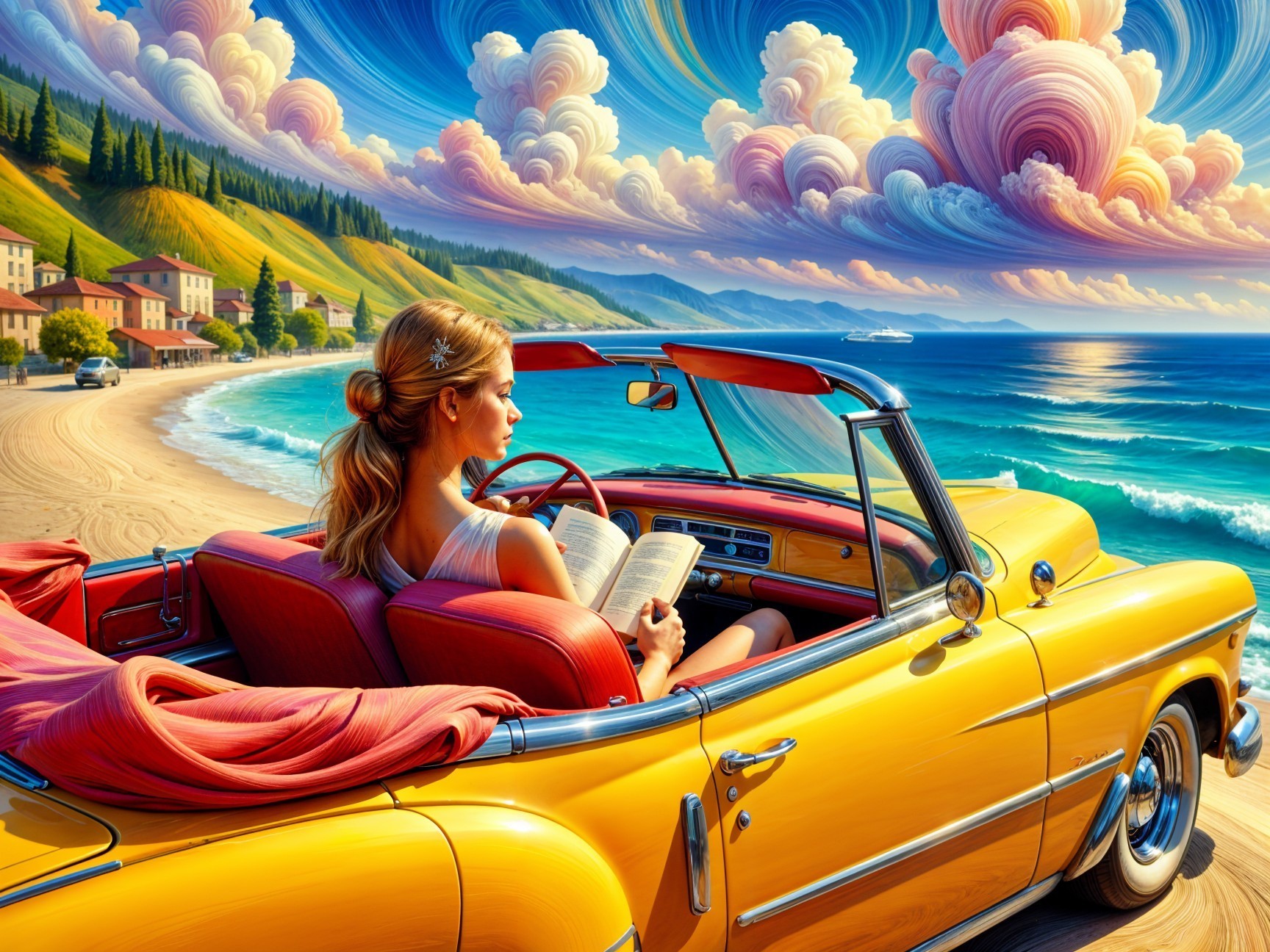 Woman Reading in Yellow Convertible by Scenic Beach
