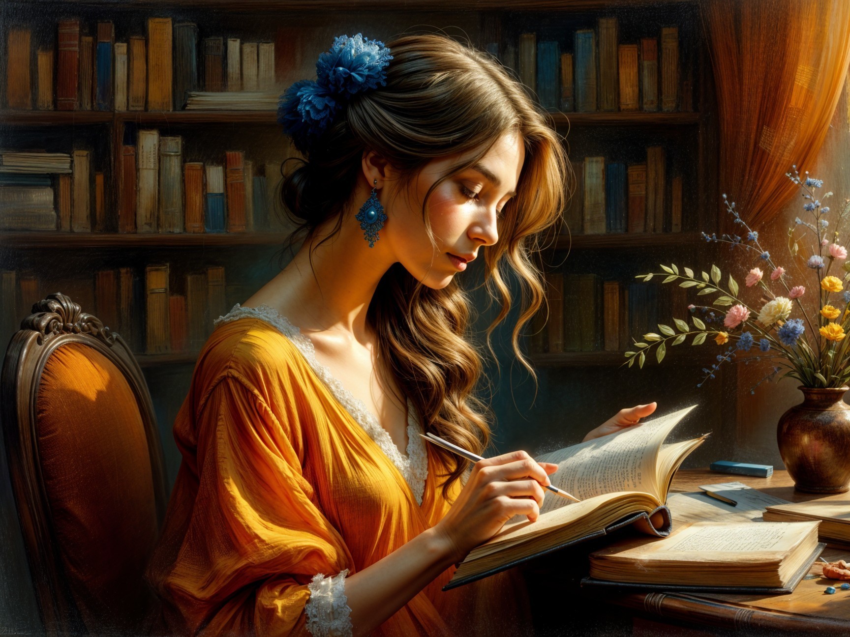 Young Woman Reading in Cozy Library Setting