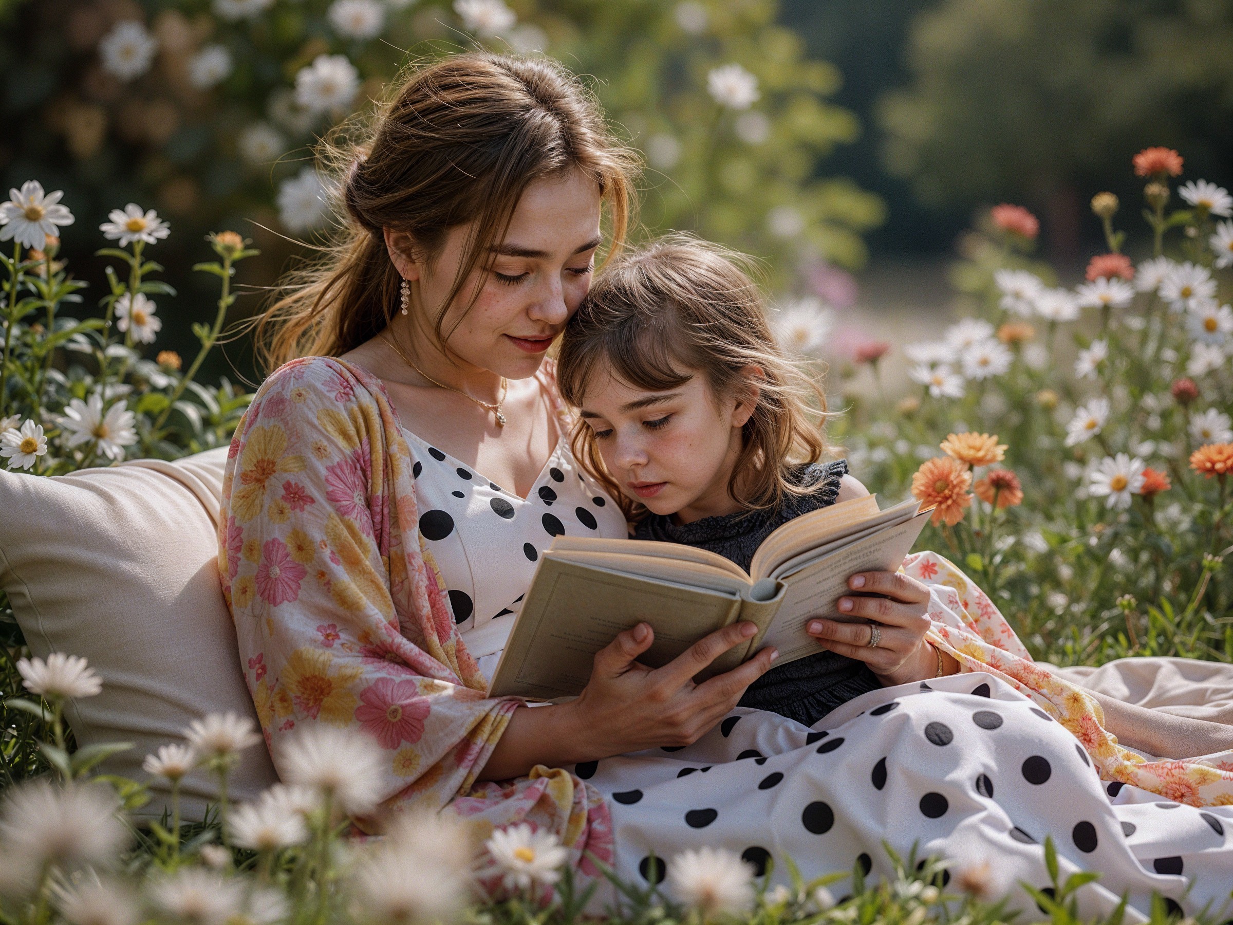 Mother and daughter reading in a flower field