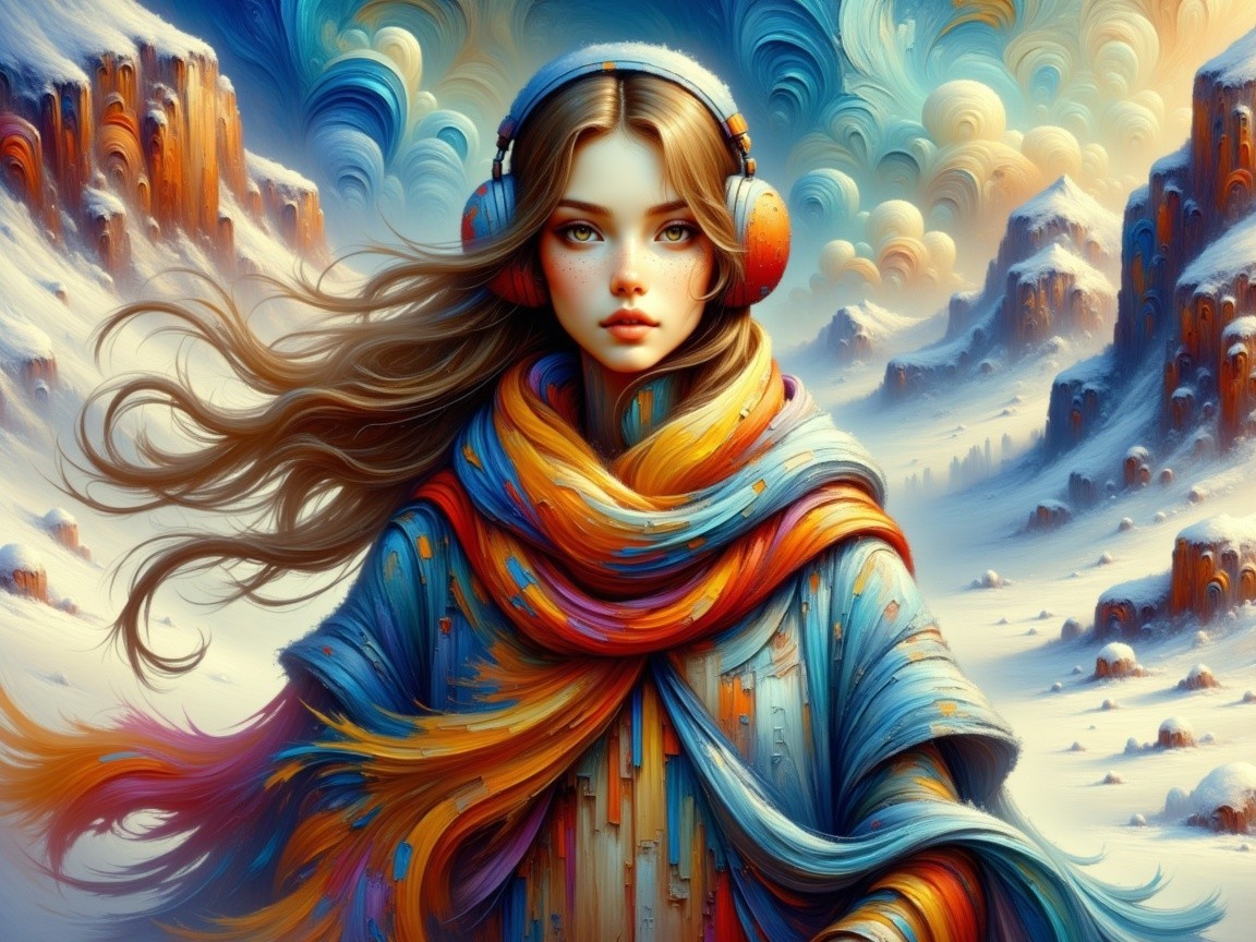 Young woman in vibrant mountain landscape with headphones