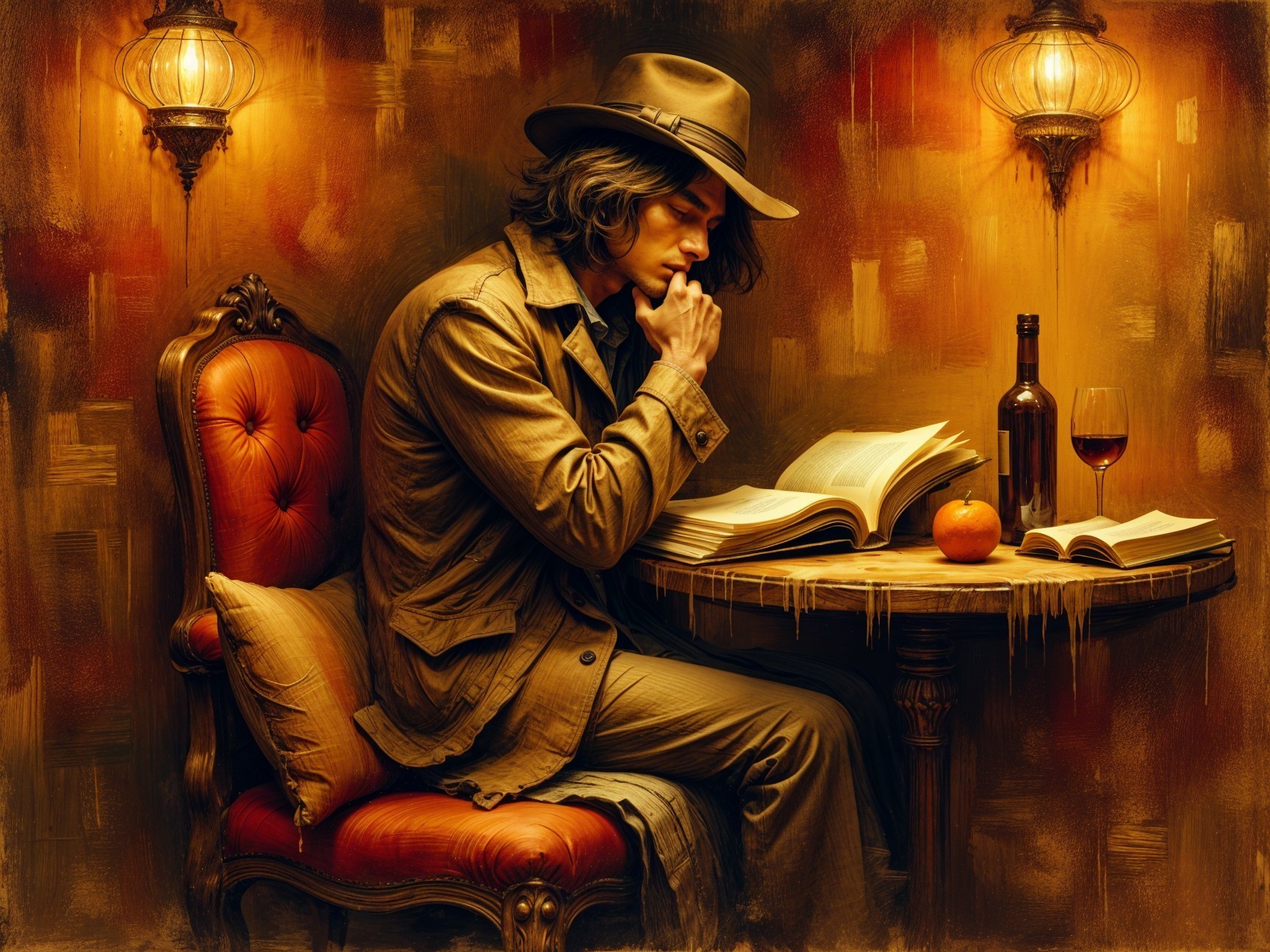 Contemplative Scene with Figure, Book, and Warm Lighting