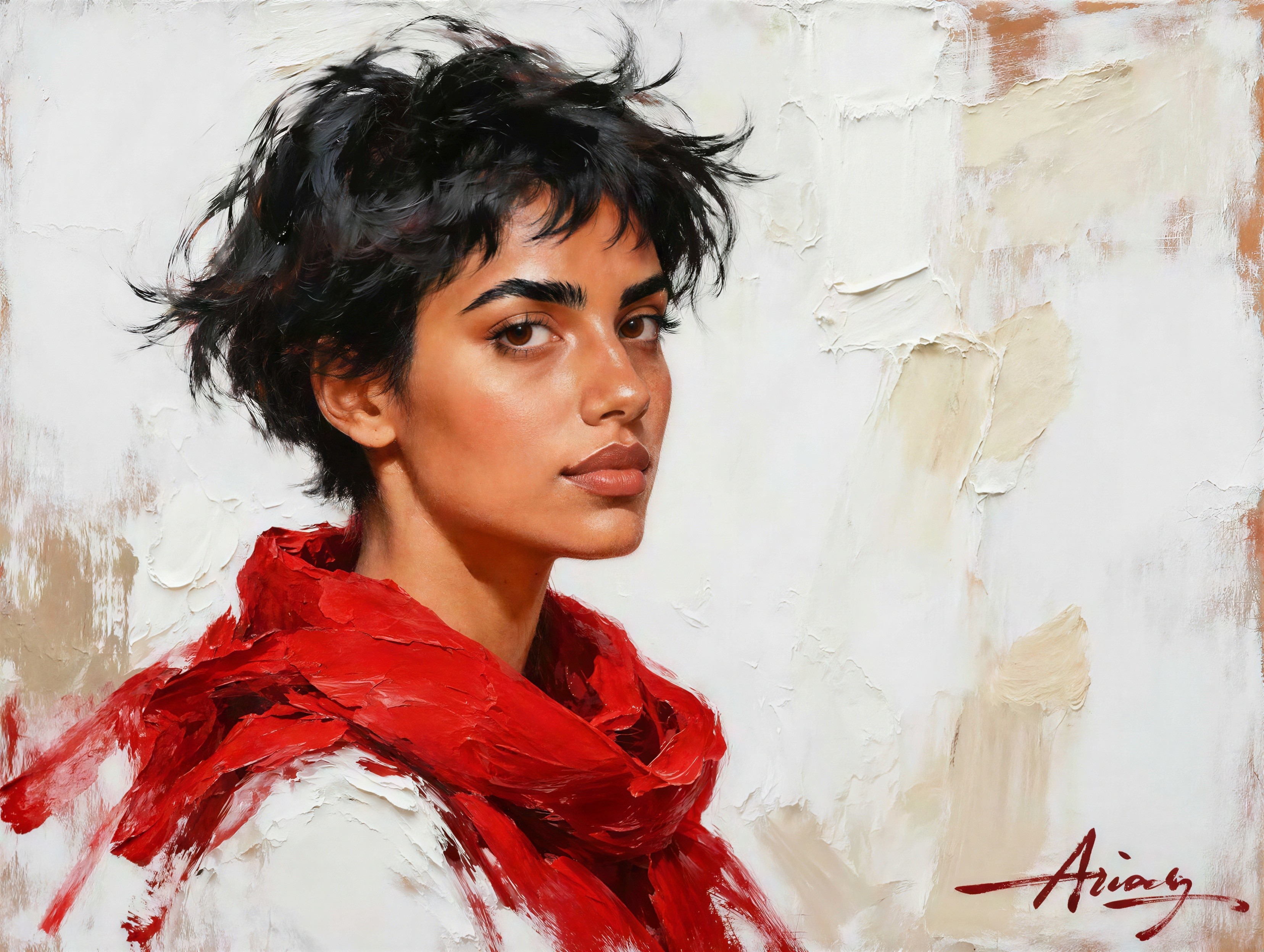 Oil Painting of a Young Woman with Red Scarf