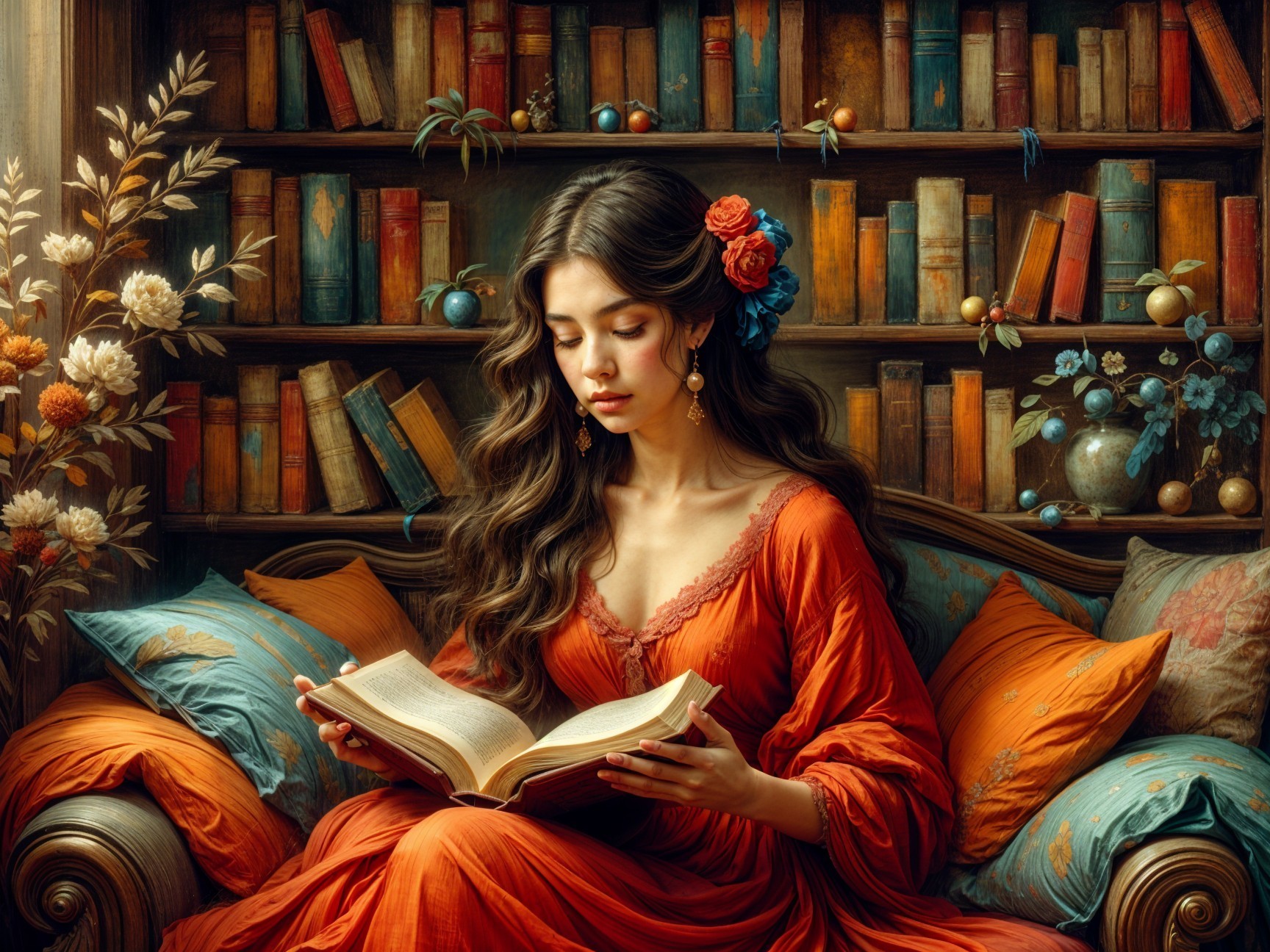 Young Woman Reading on a Cozy Couch in Vibrant Dress