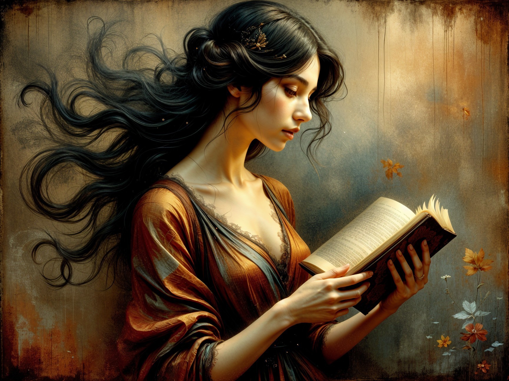 Young woman in gown reading with autumn leaves