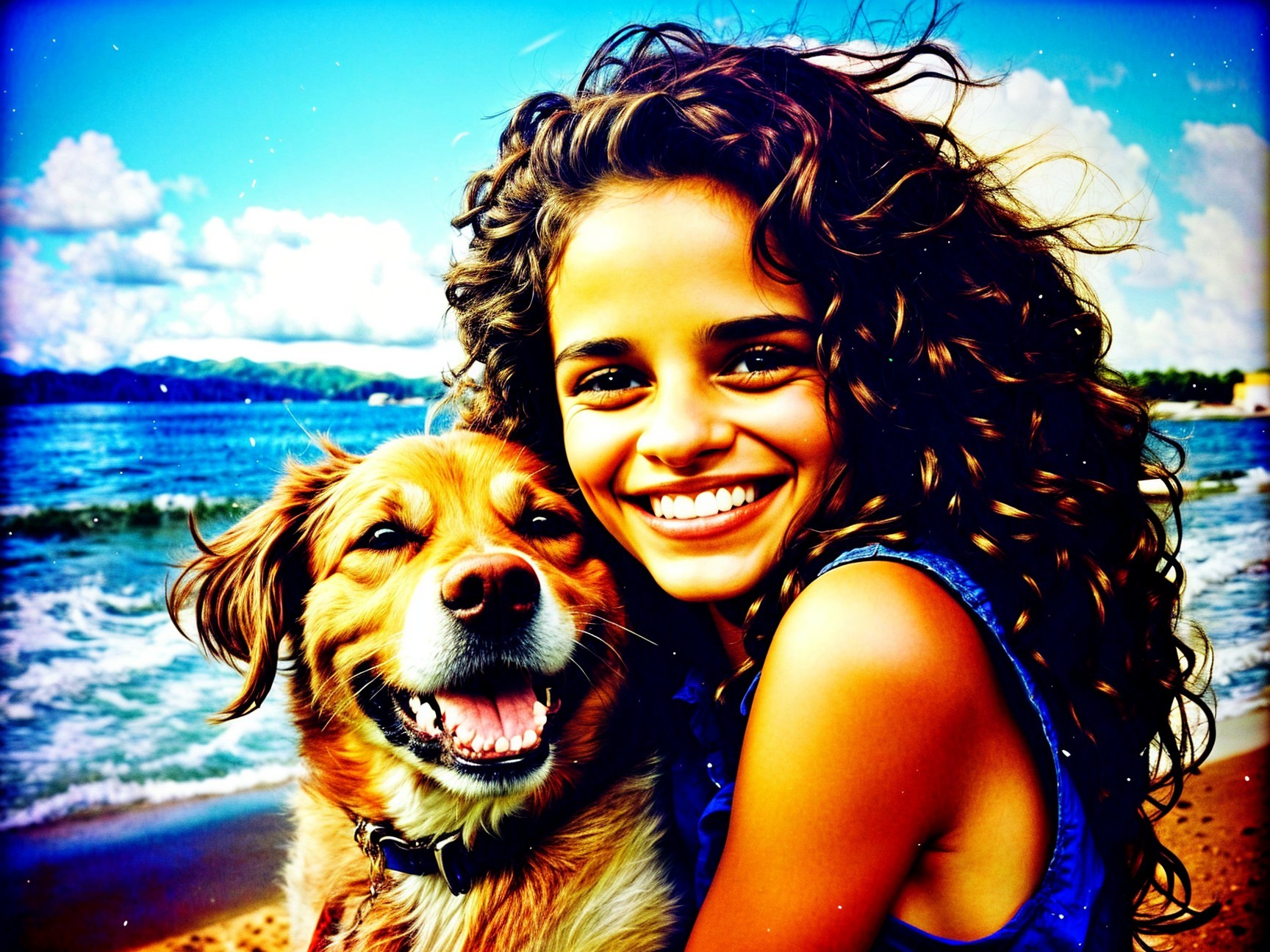 Young girl hugs golden retriever on sunny beach