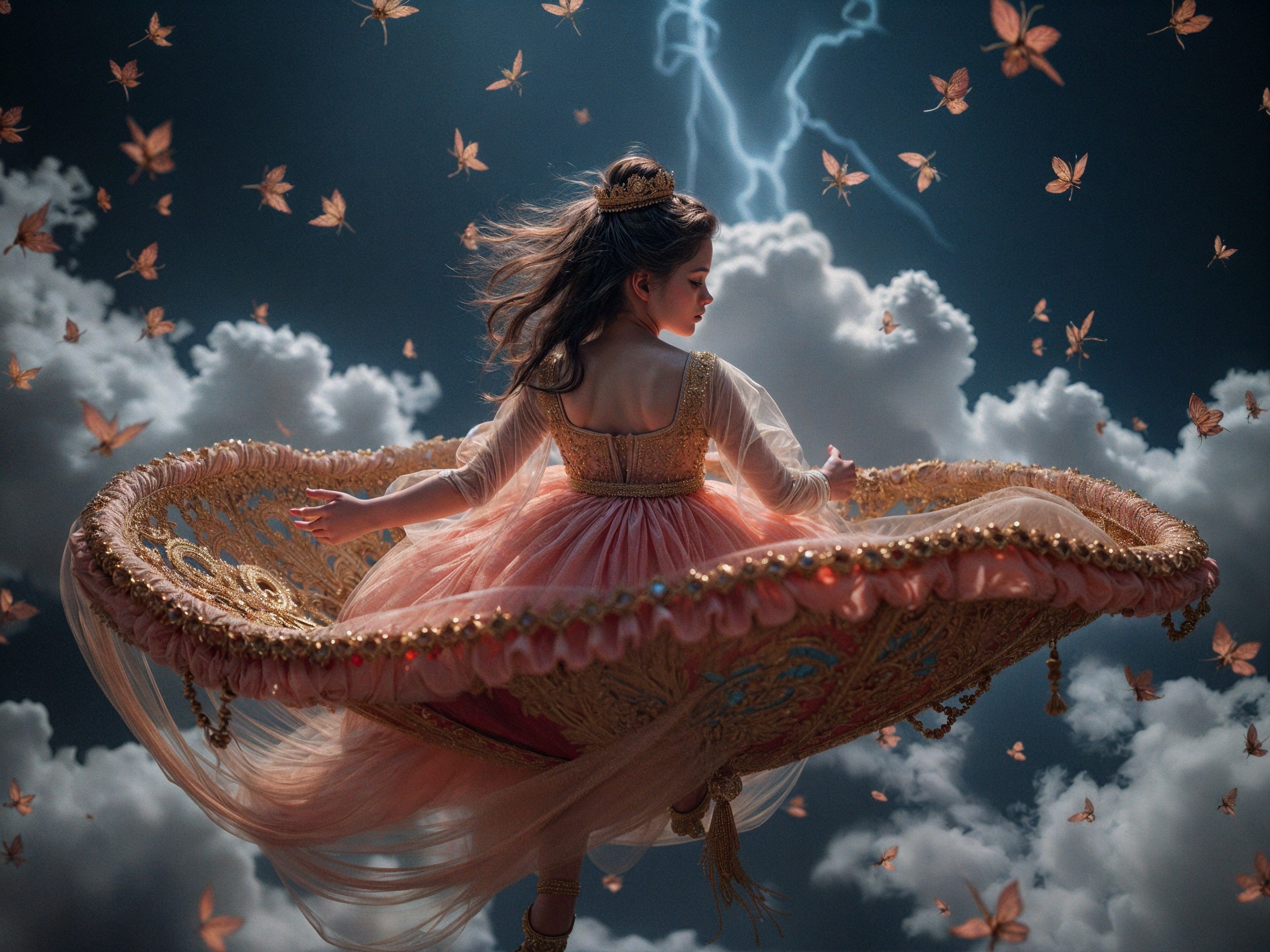 Young girl dancing on a flying carpet in a stormy sky