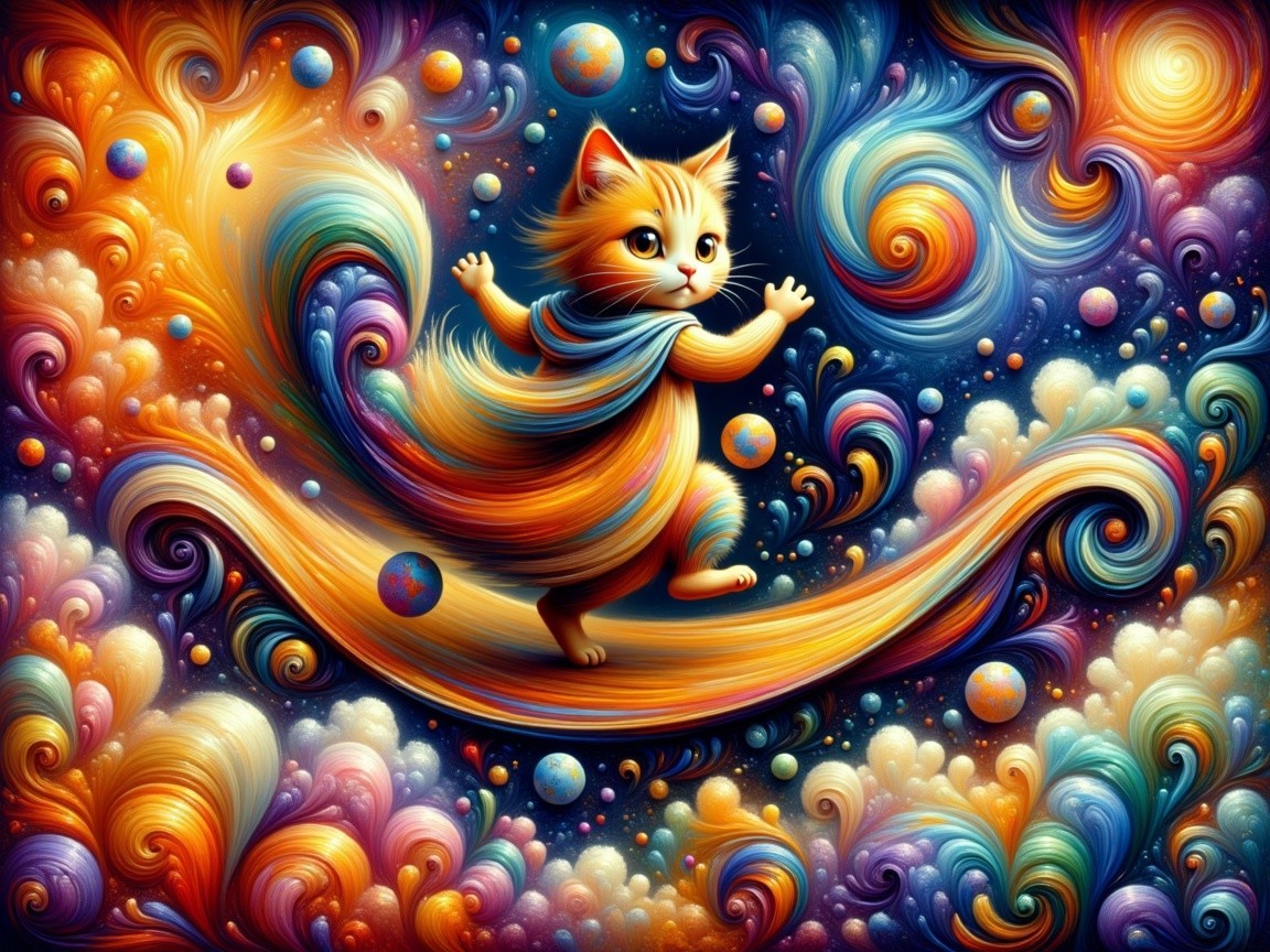 Whimsical Cosmic Scene with Colorful Cat and Planets