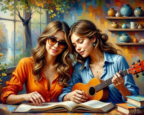 Cozy Room with Two Women Enjoying Music and Reading