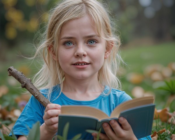 Young girl with blonde hair in nature with a book
