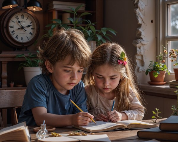 Children Reading in a Sunlit Room with Plants
