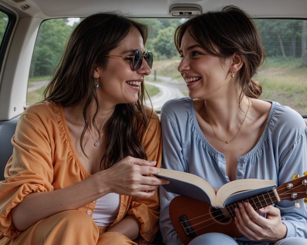 Joyful women in a car with a book and ukulele