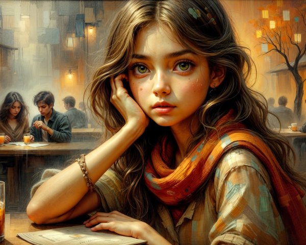 Young girl in café with green eyes and colorful scarf