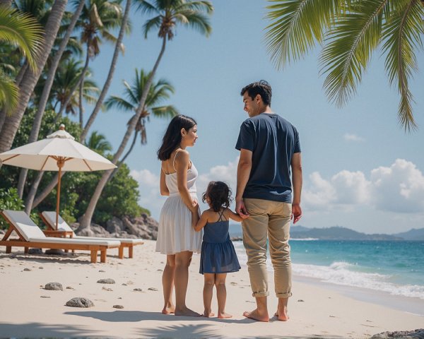 Family of three on a sunlit white sand beach