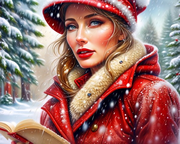 Woman in red coat in snowy forest with open book