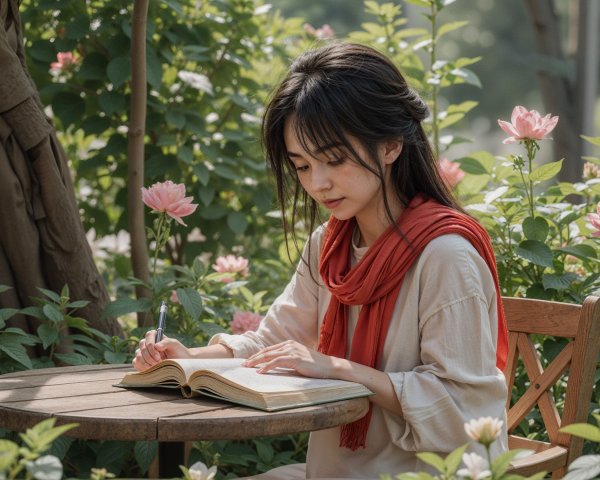 Young woman writing at a table in a garden setting