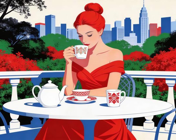 Digital Illustration of Woman in Red Dress on Balcony