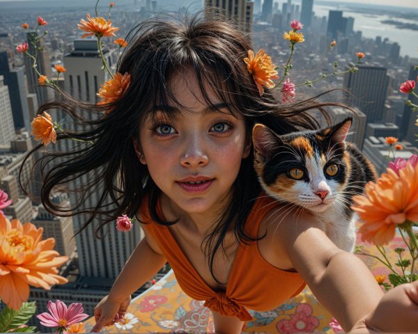 Young woman with flowers and calico cat in cityscape