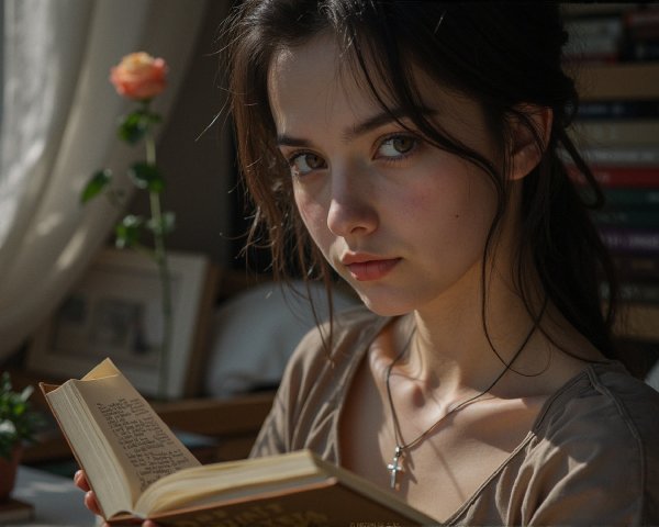 Young woman reading in a sunlit, cozy space