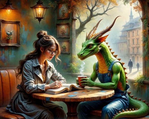 Cozy café scene with a woman and a green dragon