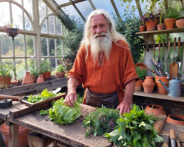 Old man in greenhouse with lettuce and herbs
