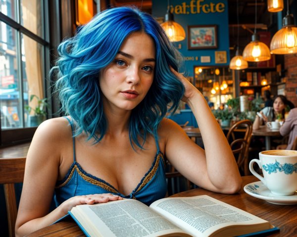 Young woman with blue hair in cozy cafe setting
