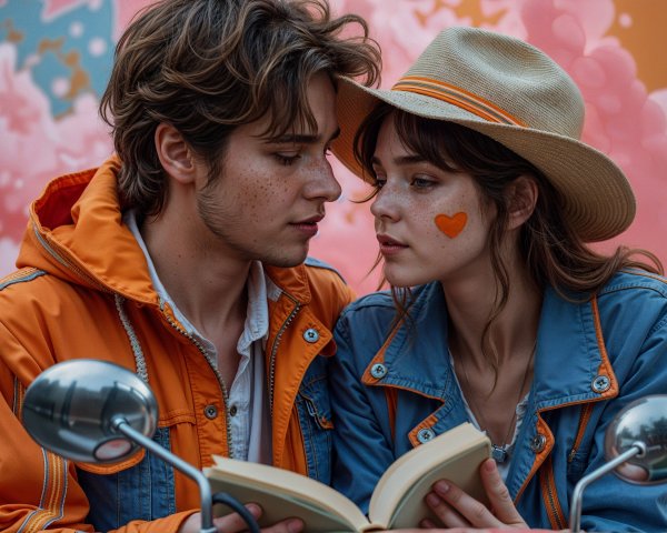 Couple Sharing a Book Under Cherry Blossoms