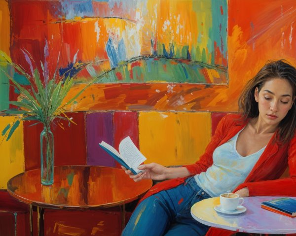 Young Woman Reading in a Colorful Café Setting