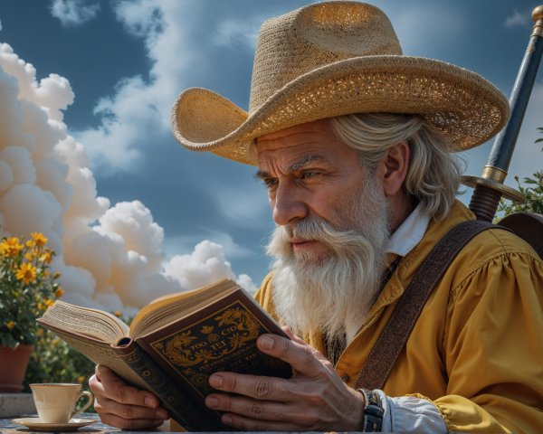 Elderly man reading outdoors among flowers and calm sky