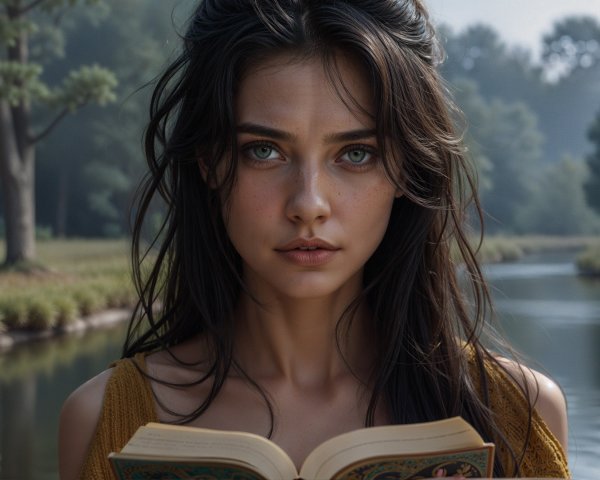 Young woman by river with book and thoughtful expression