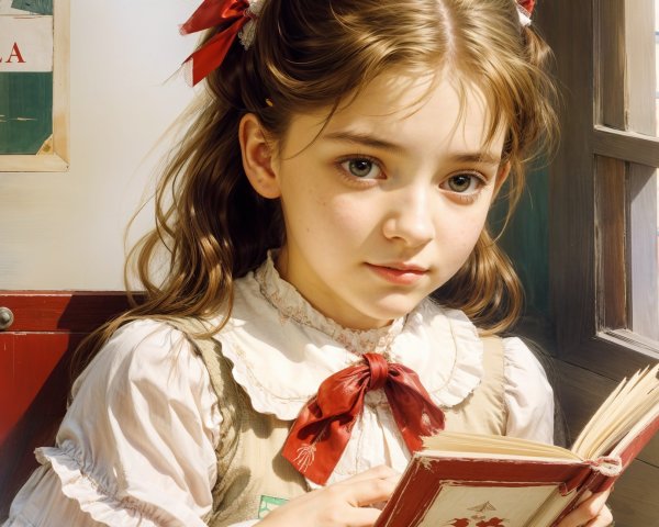 Young girl reading by a window with red ribbons in hair