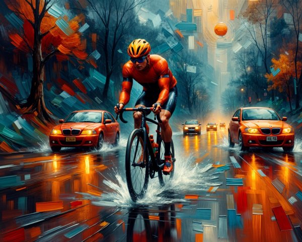 Cyclist Navigates Rainy Urban Street in Autumn Colors